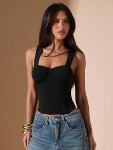SHEIN BAE Tank Top Wanita Polos dengan Potongan Pas Badan dan Tali Tebal yang Elegan - Hitam - View 5