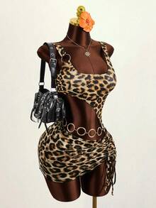 Zestiva 女士性感波西米亚风狂欢派对狂野豹纹不对称连体泳衣及沙滩裙两件套，适合海滩度假 - 棕色 - 查看 5
