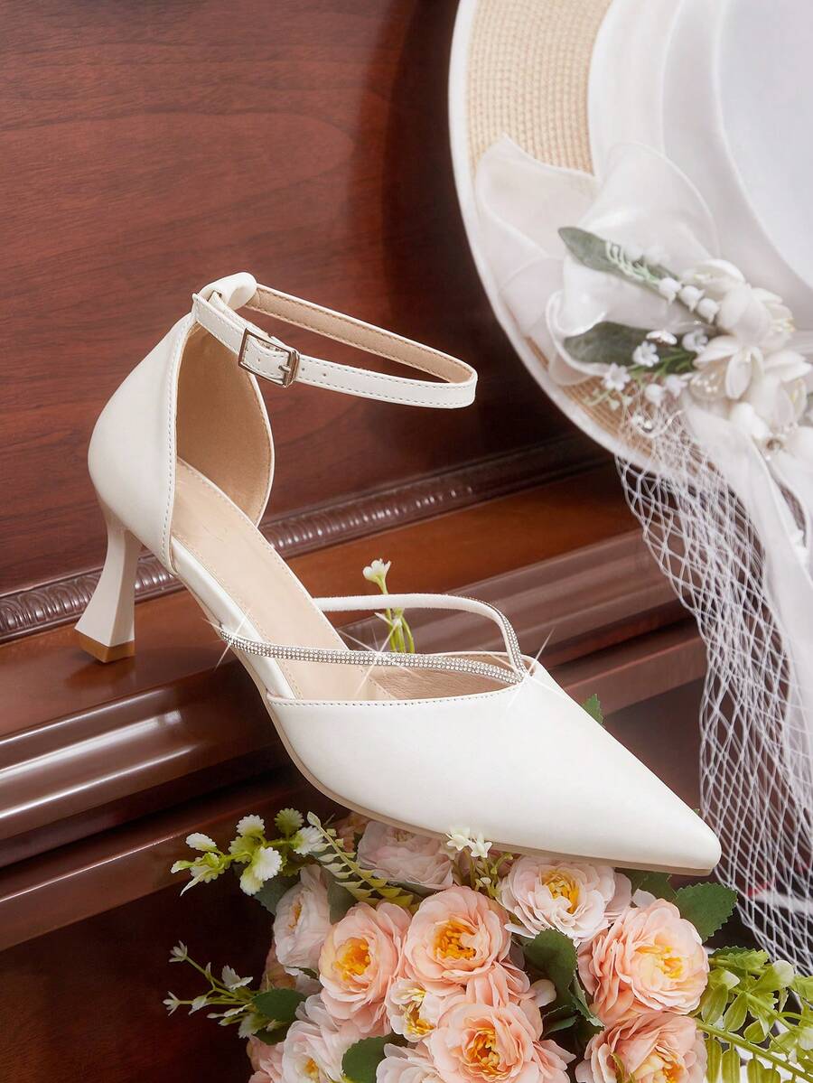 CUCCOO HITCHD Women's White Rhinestone Pointed Toe Stiletto Mid Heel Pumps, Elegant Casual Minimalist Comfortable Slip-On Office Work Commute Fashion High Heels, Suitable For Formal Occasions, Dates, And Work Attire - White - View 1