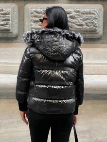 EURMUSE Faux Fur Patchwork Winter Hooded Long Sleeve Coat - Black - View 2