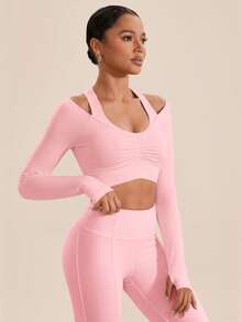 VARSIVA Solid Color Hollow Out Long Sleeve Cropped Ruched Casual Comfortable Sports Tank Top - Pink - View 5