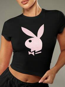 Missguided x Playboy Logo Cropped Tee And Wide Leg Drawstring Pants Sleepwear Pajama Set For Cozy Nights Loungewear - Black - View 6