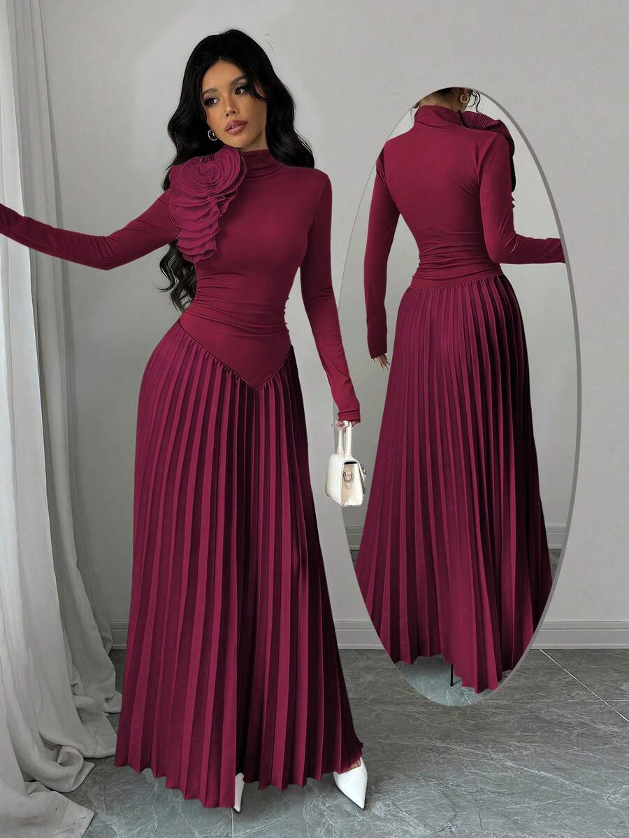 Elenzga Asymmetrical Pleated Colorblock 3D Flower Decor Elegant Women Dress Maxi Women Outfit - Burgundy - View 1