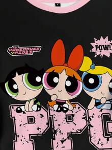 THE POWERPUFF GIRLS X SHEIN 女式休闲可爱花朵、泡泡、毛茛图案短袖 T 恤，夏季 - 白色 - 查看 5