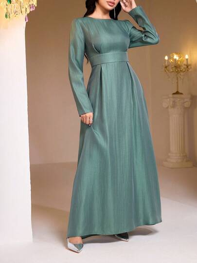 Veilorie Women's Solid Color Round Neck Puff Sleeve Waist Cinched Elegant Arabic Style Dress