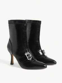 CUCCOO CHICEST Women's Casual Buckle Decor Mid-Calf Boots, Minimalist Style For Autumn/Winter For Christmas - Black - View 2