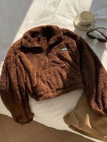 Comfortcana Sudadera de forro polar con media cremallera y diseño de parche con letras para mujer en otoño/invierno - Marrón Chocolate - Ver 3