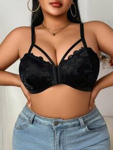 SHEIN Plus Size Women Lace Patchwork Front Closure Lingerie - Black - View 3