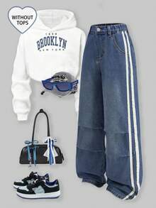 SHEIN Explorewe Tween Girl Wide Leg Jeans, Loose Casual Denim Pants - Blue - View 1