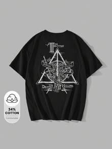 HARRY POTTER X SHEIN Camiseta gráfica holgada y casual de mujer con patrón blanco y negro "Las Reliquias de la Muerte", camiseta súper holgada, camiseta gráfica, camiseta negra - Negro - Ver 1