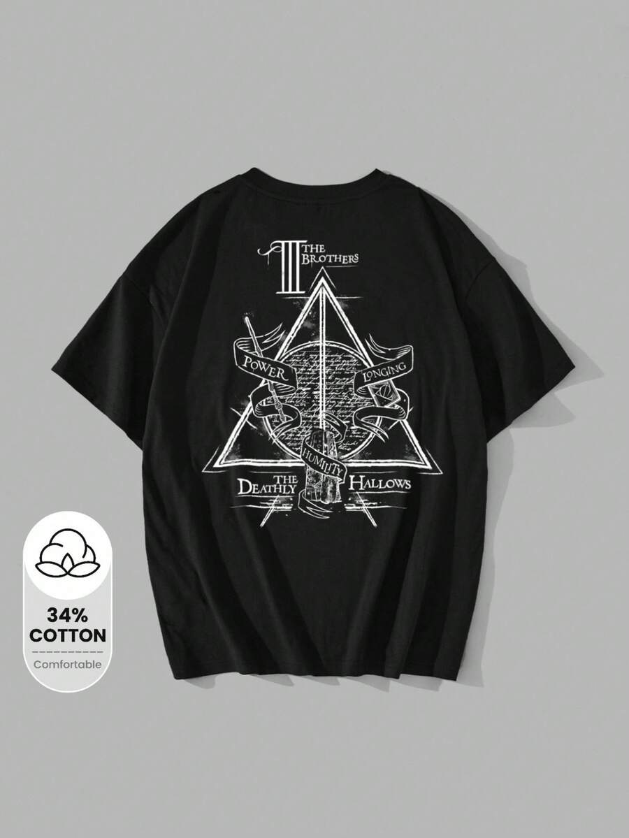 HARRY POTTER X SHEIN Camiseta gráfica holgada y casual de mujer con patrón blanco y negro "Las Reliquias de la Muerte", camiseta súper holgada, camiseta gráfica, camiseta negra - Negro - Ver 1