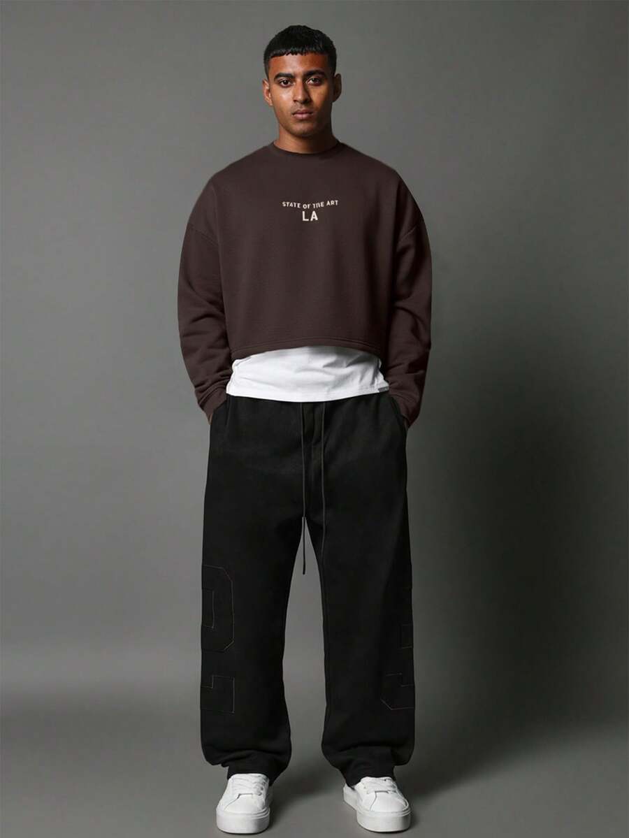 SUMWON State Of The Art LA Cropped Crew Neck Sweatshirt For Casual Streetwear Fashion - Chocolate Brown - View 1