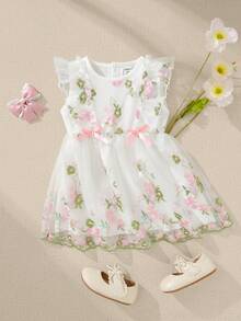 Souflis Souflis 法式复古新款女婴甜美荷叶边无袖刺绣网纱公主裙，适合节日、度假、派对等场合，春夏款 - 彩色 - 查看 4