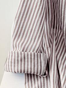 大码女式优雅条纹衬衫裙轻盈宽松连帽卫衣，适合夏秋穿着 - 藕粉色 - 查看 3