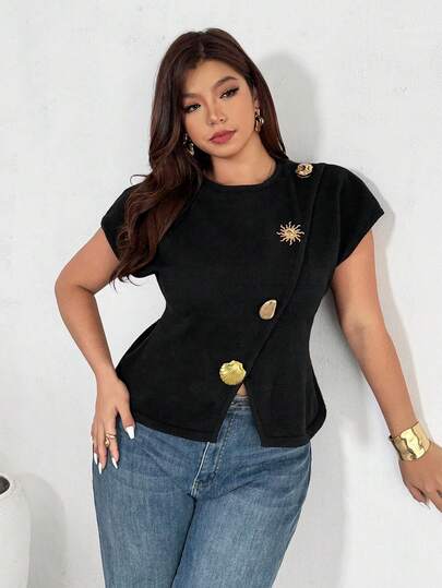 Firerie 大码女式优雅金属纽扣修身A字下摆包袖不规则领毛衣背心，适合办公室、休闲、通勤、女教师、返校季等场合，简约女式上衣，春夏秋冬皆宜，优雅百搭，通勤、约会、工作装、返校季必备