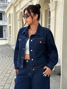 SHEIN ICON Plus Size Casual Fashion Denim Jacket With Cuff Buttons, Distressed Look