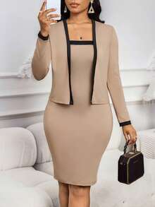 SHEIN Lady Women's Contrast Trim Long Sleeve Jacket & Dress 2 Pieces Set - Multicolor - View 9