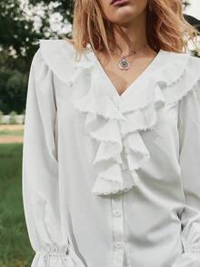 Freevana Camicia casual da donna con scollo a V, orlo con volant e spacco, manica lunga - Bianco - Visualizzare 2