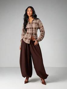 MISSGUIDED 宽松女式高腰抽绳阔腿裤，休闲阔腿裤，松紧腰设计，适合秋冬季舒适居家穿着 - 棕色 - 查看 5