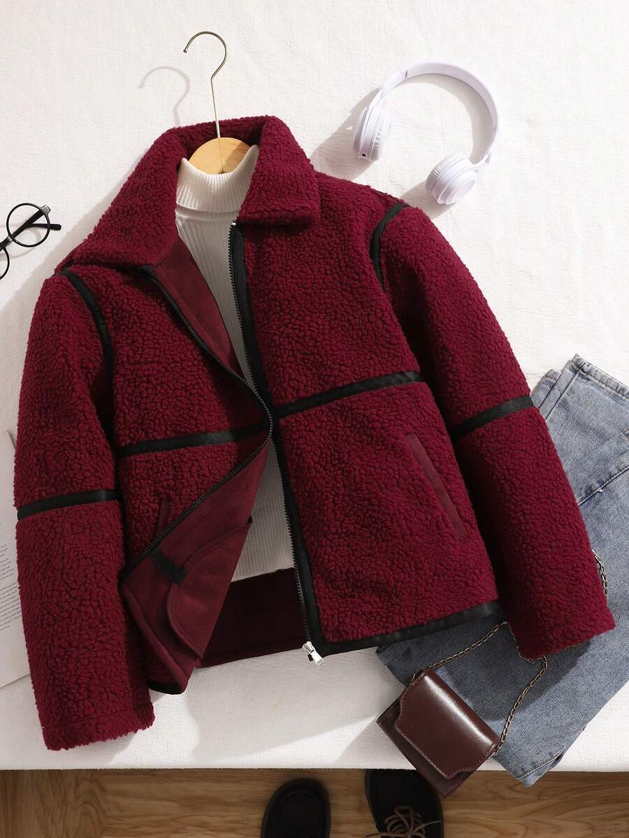 Casual Commuter Apricot Faux Fur Collar Loose Jacket For Teen GirlSuitable For Daily Commute - Red - View 1