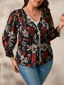 EMERY ROSE Boho Plus Size Floral Shirred V Neck Top For Women With Puff Sleeves And Regular Hem In Multicolor Woven Fabric - Multicolor - View 4