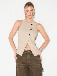 KIZN Áo gi-lê cổ yếm cài nút phía trước có chi tiết buộc sau lưng cho những dịp xuân hè - Màu Khaki - Xem 3