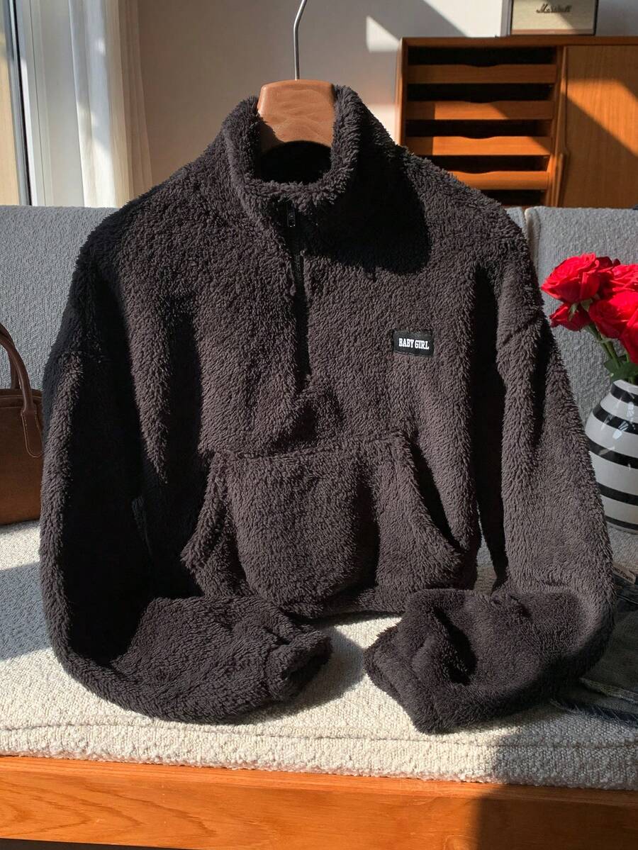 Comfortcana Sudadera con media cremallera, bolsillo canguro y detalles de parche de letra, con espalda afelpada, manga larga, para otoño/invierno - Negro - Ver 1
