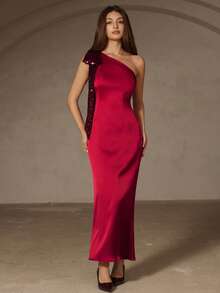 Revavyn 缎面性感不对称露肩紧身连衣裙，饰有串珠蝴蝶结拼接装饰，适合派对、商务、晚宴等场合。 - 紅色 - 查看 6