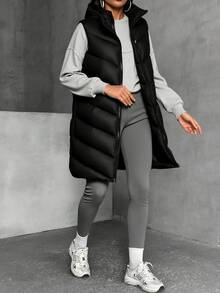 EURMUSE Woman Solid Color Woven Padded Insulated Midi Length Front Pockets Drawstring Detailed Hoody Neck Sleeveless Winter Vest Coat - Black - View 4