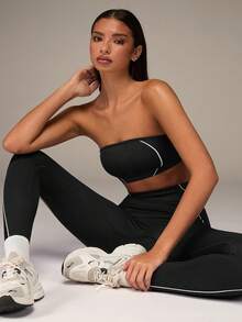 SHEIN BAE Sleeveless Black Micro Crop Strapless Set For Active Lifestyle Strapless Two Piece Set Two Piece Legging Set Workout Set Two Piece Gym Two Piece Set Yoga Set Two Piece Two Piece Sport Set Yoga Leggings Set Legging Two Piece Set - Black - View 5