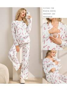 SHEIN 2pcs/Set Maternity Comfortable Breathable Full Print Crew Neck Long Sleeve Set - White - View 1