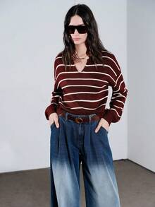 SHEIN PETITE 藍白條紋秋季優雅高雅校園返校風深紅色 Polo 領撞色長袖休閒套頭針織上衣，適合嬌小女性 - 酒紅色 - 查看 7
