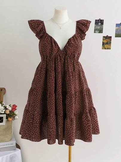 Soleia Plus Size Women's Brown Polka Dot Print Flare Hem Backless Tie Strap Mini Dress, Spring Vacation/Christmas Dress Ruffle Dress For Women Ditsy Floral Dress Cottagecore Dress