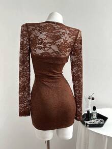 Elamini 性感蕾丝吊带背心和迷你裙套装，修身款，适合秋冬季节 - 棕色 - 查看 2
