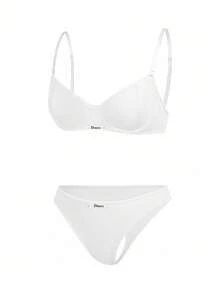 Lowkey Lull Conjunto de lencería bra con aros y ropa interior con parche de letra - Blanco - Ver 3
