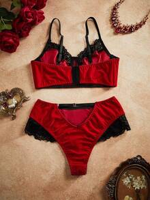 SHEIN Conjunto De Lencería De Encaje Para Mujer Con Detalles De Espiga (sujetador Con Aros Y Braguitas) - Rojo - Ver 2