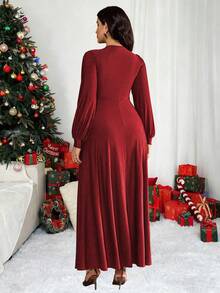 Roveilla 大码女式V领长袖连衣裙，休闲法式风格 - 紅色 - 查看 2