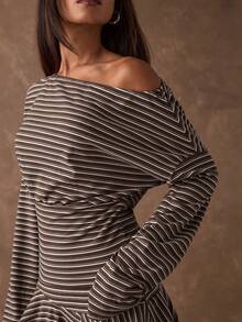 SHEIN BAE 女士时尚休闲条纹不对称领长袖上衣 - 棕色 - 查看 4