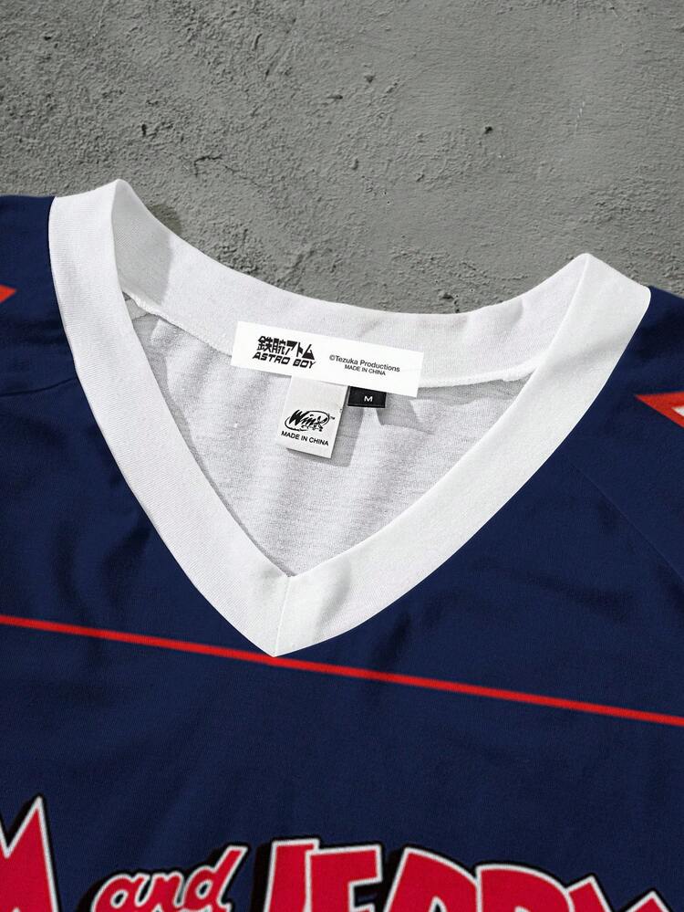 TOM & JERRY X SHEIN 男士V领短袖夏季休闲运动街头卡通数字字母图案T恤 - 白色 - 查看 3