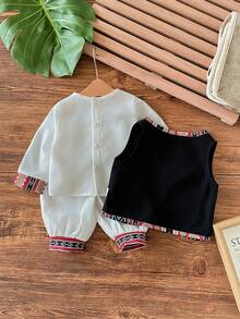 Newborn Baby Girl Cute Color Block Geometric Pattern Long Sleeve Shirt & Elastic Waist Pants Set - Black and White - View 2
