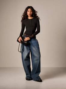 AiiRZ Ribbed Henley Top With Lace Trim Detail And Button Front Long Sleeve Layered Tee - Black - View 5