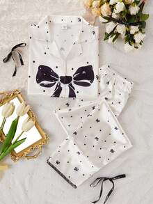 Cute Bow Combination Print Teen GirlWomen's Long Sleeve Cardigan And Pants Casual 2-Piece Loungewear Set, Lace Trim Design Adds Elegance And Charm - Apricot - View 11