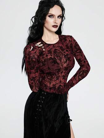 Breakform Blusa ajustada de manga larga con cuello redondo, estilo gótico oscuro, de malla con efecto aterciopelado, adecuada para salidas diarias y festivales