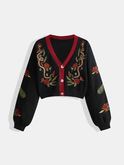 Goth Women's Rose Embroidery Knit Cardigan