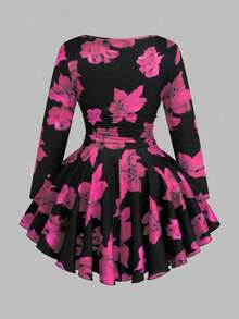 Sweetra Váy dài tay, cổ chữ U, xếp ly, họa tiết hoa thanh lịch, giản dị, có viền xòe, thích hợp cho kỳ nghỉ xuân, hè, thu - Màu Hồng Tươi - Xem 2