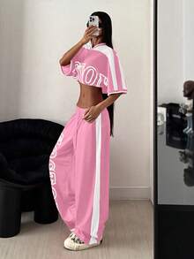 StreetHx 2pcs/Set Women Printed Contrast Color Crop Top + Sweatpants Lounge Wear Set - Multicolor - View 4