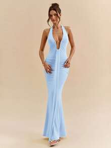 SHEIN BAE 黄色奶油色性感深V领优雅吊带长裙，适合春夏穿着 - 淺藍色 - 查看 7