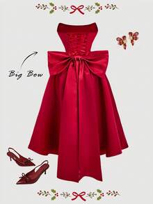 SHEIN MOD 缎面修身紧身中长连衣裙，带蝴蝶结装饰 - 紅色 - 查看 5