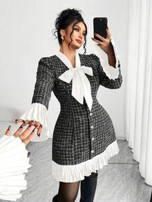 SHEIN PETITE CURVE Bộ đồ liền thân quần yếm dày cỡ lớn dành cho nữ, váy ngắn thanh lịch, vải tuýt kẻ caro dày dặn, ôm sát, phù hợp cho các dịp trở lại trường, tốt nghiệp, ngày lễ tình nhân, lễ hội âm nhạc, ngày của mẹ, lễ Halloween, lễ tạ ơn, lễ Phục sinh, ngày quốc khánh, dạ tiệc, tiệc hẹn hò, mùa cưới, hoạt động ngoài trời - Đen và trắng - Xem 5