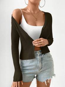Women's Slim Fit Button Front Ribbed Cardigan, Casual Long Sleeve - Army Green - View 3